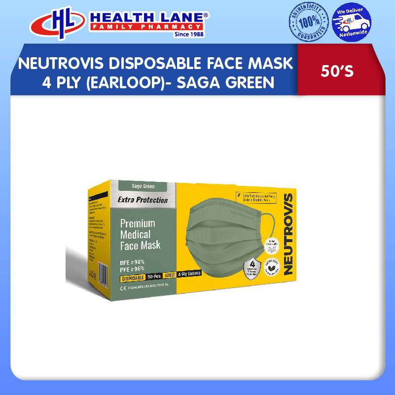NEUTROVIS  MASK MUKA 4 PLY 50'S (EARLOOP)- SAGA GREEN